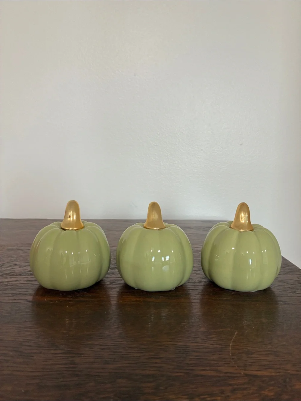 NWT- Set of 3- Glossy Green Ceramic Pumpkin Decorations with Gold Stems